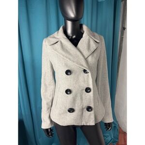 Merona Women Double Breasted Gray Wool Blend Pea Coat Jacket Size Medium